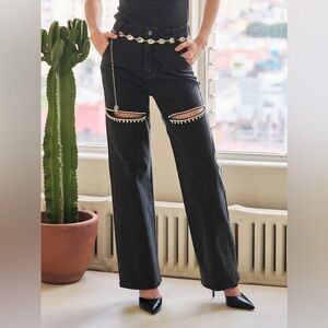Washed Denim Cut Out Front Rhinestone Studded Loose Fit Jeans